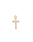 A yellow gold small cross pendant adorned with clear cubic zirconia stones, centered on a plain white background.