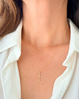 14K Solid Yellow Gold Open Cross Pendant Necklace with Cubic Zirconia, Minimalist Geometric Cross on Twisted 0.8mm Rope Chain For Women