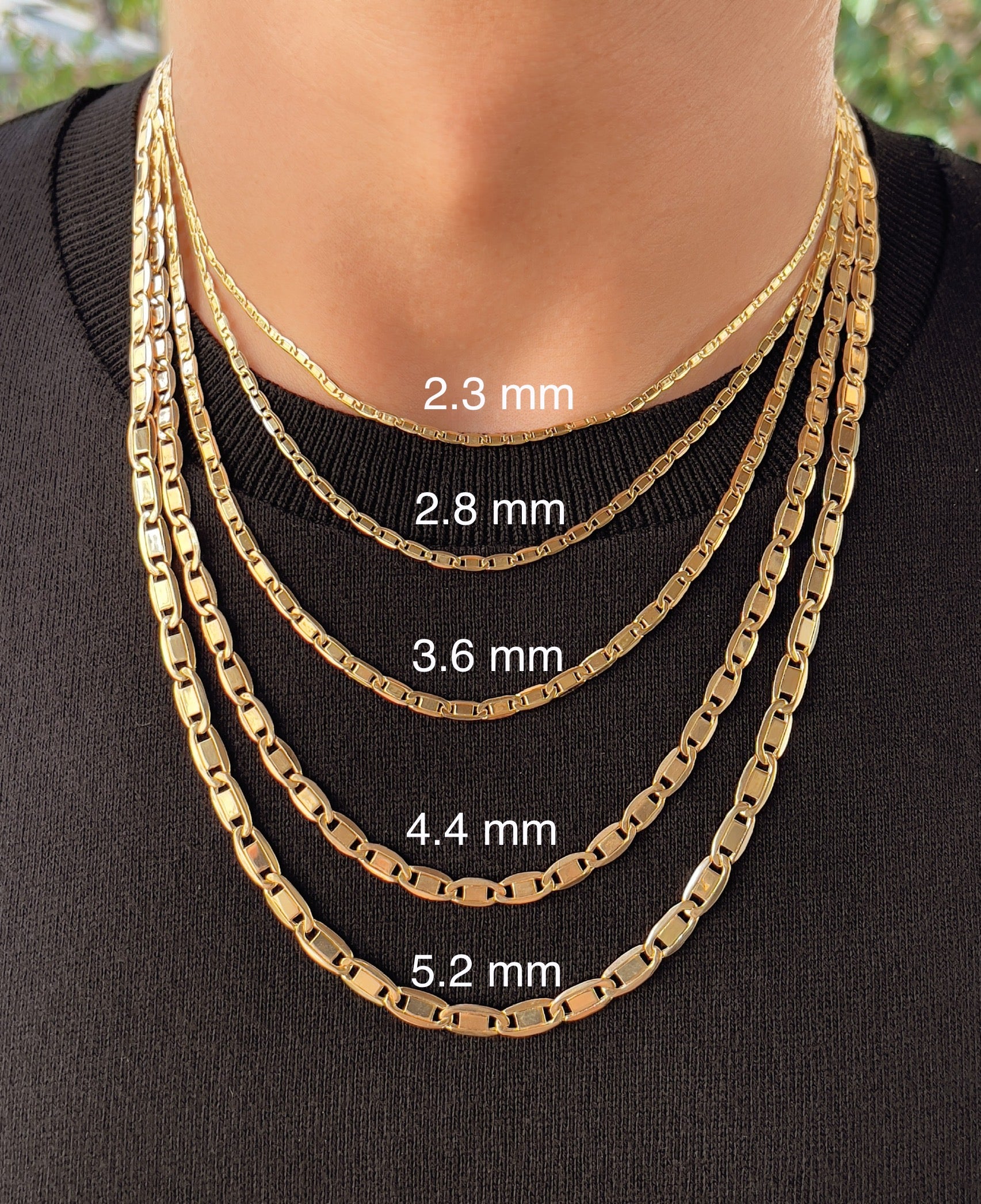 thumbnail image 2 of Producto: 14K Gold Necklaces For Women Trendy 2.3mm 2.8mm 3.6mm 4.4mm 5.2mm Yellow Real Gold Valentino Mirror Chain Polished Links Men's 14K Gold Chain Necklace With Lobster Clasp 16\" 18 2 of 10