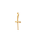 A polished yellow gold cross pendant with a smooth, reflective finish and a top loop, centered on a plain white background.
