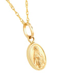 A 14k solid gold rope chain necklace featuring an oval Miraculous Medal pendant, shown against a plain white background.