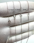 Four white gold rope chain strands with different thicknesses (0.7mm, 0.8mm, 1mm, 1.2mm) with spring ring clasp