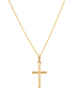 Close-up of a yellow gold plain cross pendant on a matching twisted rope chain against a clean white background.