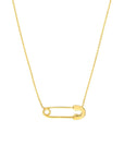 Close-up of safety pin charm on adjustable gold chain