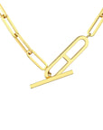 Close-up of toggle clasp on 14k yellow gold link chain