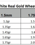 Table displaying weight of 14k white real gold wheat chain by length and width.