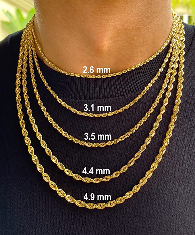 JEWELHEART 10K Real Gold Rope Chain Necklace - 2.6mm Diamond Cut Twist Link  Chain For Men - Dainty Gold Pendant Necklace For Women 16