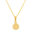 A gold chain necklace with a flat, circular disc pendant, shown against a plain white background. The pendant bail is stamped “10K” for authenticity.