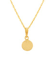 A gold chain necklace with a flat, circular disc pendant, shown against a plain white background. The pendant bail is stamped “14K” for authenticity.