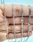 14K White gold chain necklaces of different thicknesses displayed on a hand: 1.5mm, 1.9mm, 2.4mm, 3.05mm.