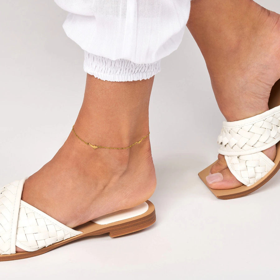 Dolphin Charm 14K Yellow Solid Gold Adjustable Chain Anklet for Women