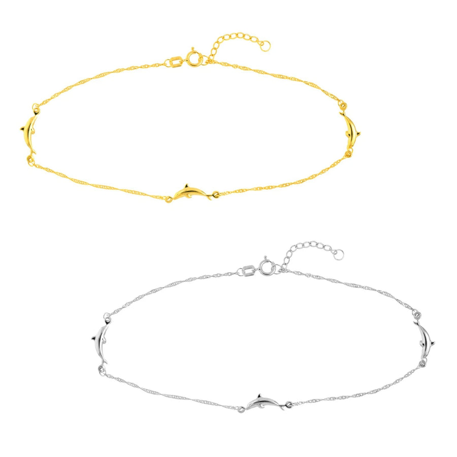 14K Yellow and White Gold Dolphin Charm Anklet Adjustable Chain