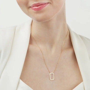 14K solid gold open rectangle pendant necklace with cable chain