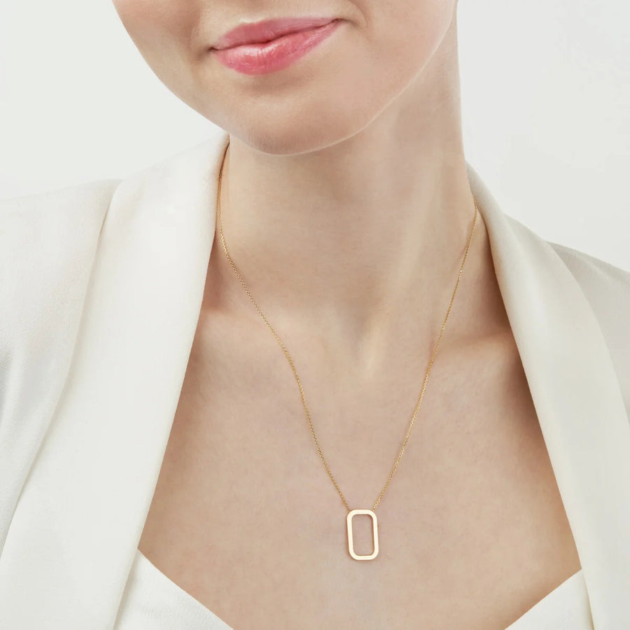 14K solid gold open rectangle pendant necklace with cable chain
