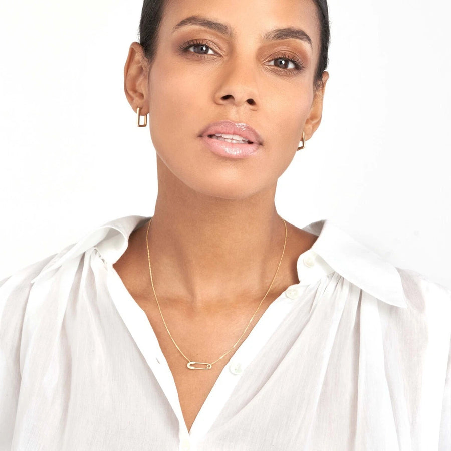 14K solid gold safety pin necklace on cable chain