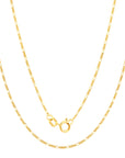 A delicate yellow gold chain necklace with a figaro link pattern, featuring a spring ring clasp and a small circular ring detail, shown against a plain white background.