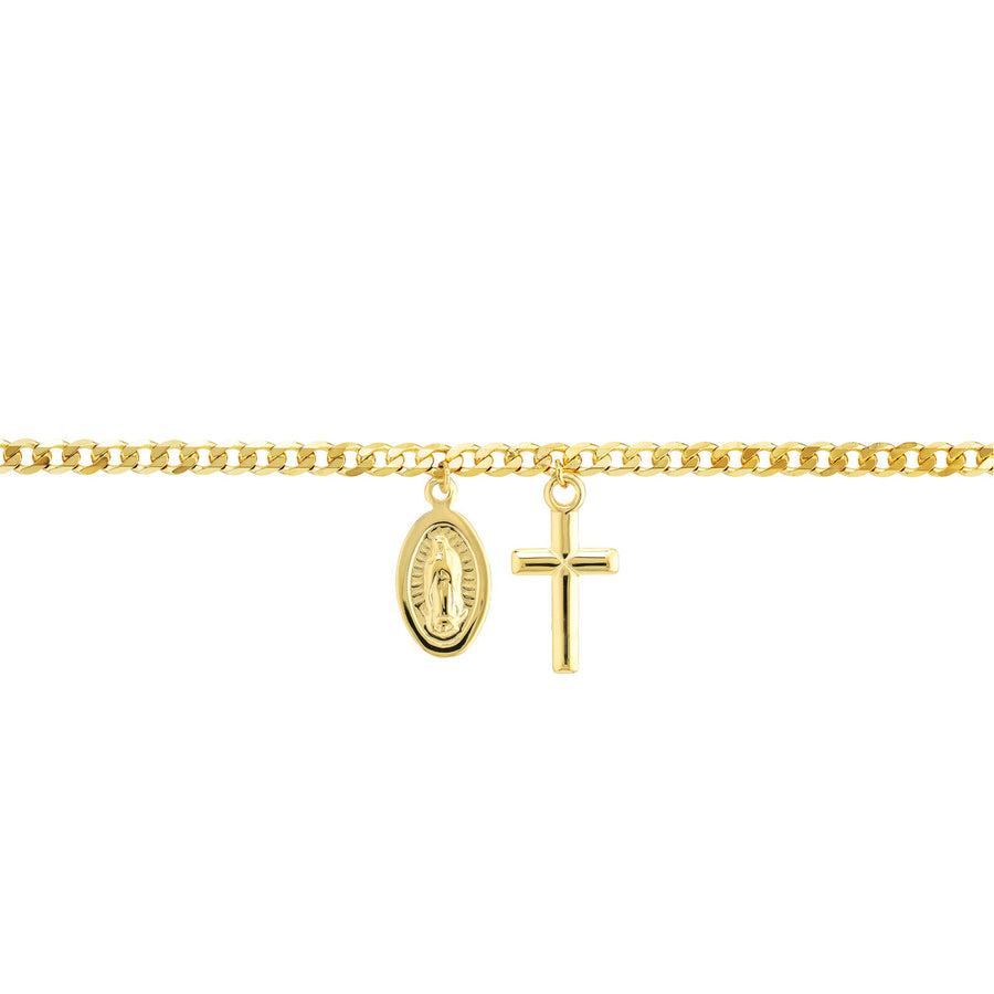 Solid 14K Yellow Real Gold Cross and Virgin Mary Dangles Cuban Chain Ankle Bracelet