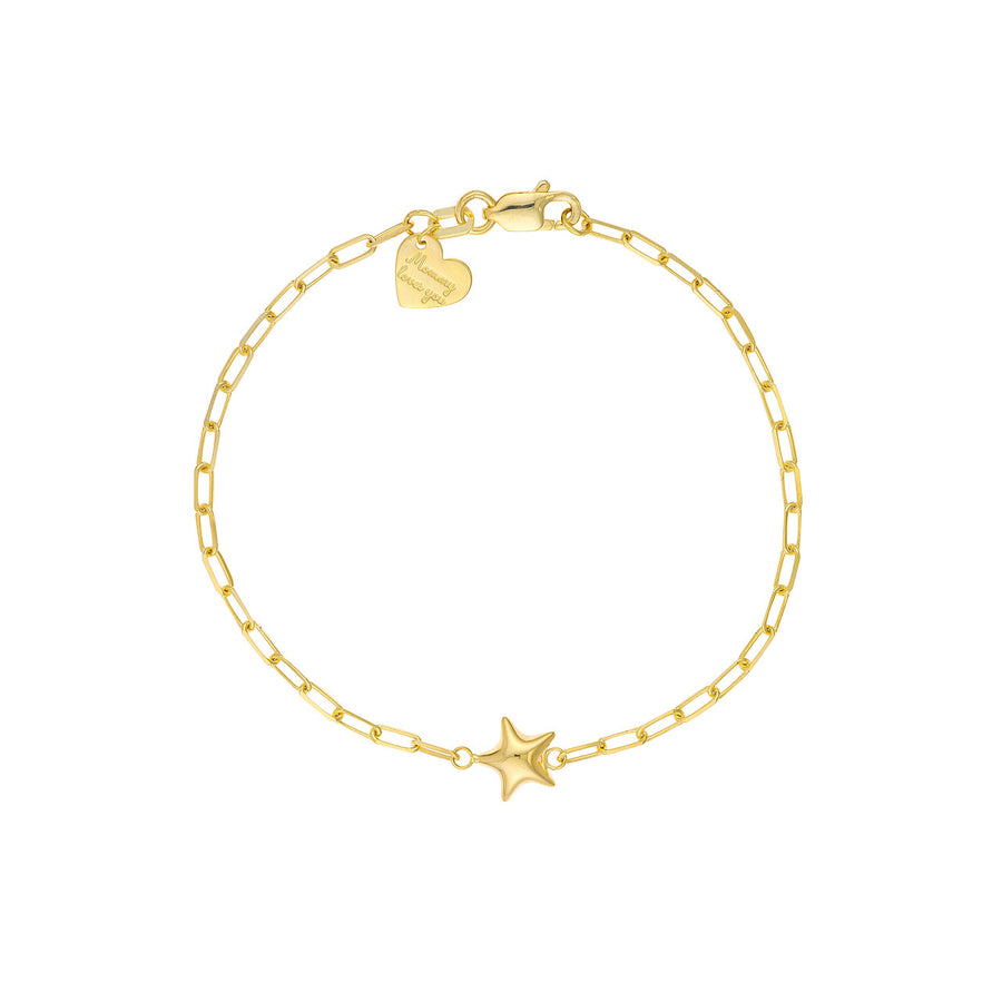 14K Real Gold Girls Paper Clip Chain Bracelet with Puffy Star