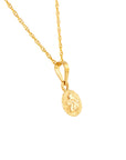 A solid yellow gold chain necklace with a dainty Guardian Angel pendant featuring an embossed figure, shown against a plain white background.