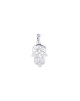 A white solid gold Hamsa hand pendant charm with intricate cutout details and a polished finish, shown against a plain white background.