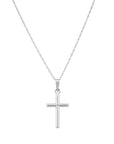 Close-up of a white gold simple cross pendant on a matching twisted rope chain against a clean white background.