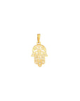 A yellow gold Hamsa hand pendant charm with intricate cutout details and a bail at the top, shown on a plain white background.