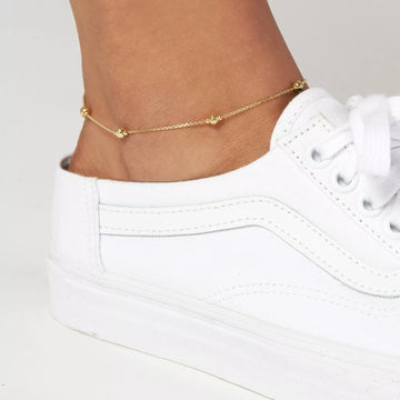 14K Yellow Gold Beaded Anklet Adjustable Cable Chain for Women
