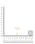 A small gold cross pendant is shown on a white background with ruler overlays indicating dimensions in centimeters and inches, plus a coin for scale and the text 'Cross Size: 6x14mm'.