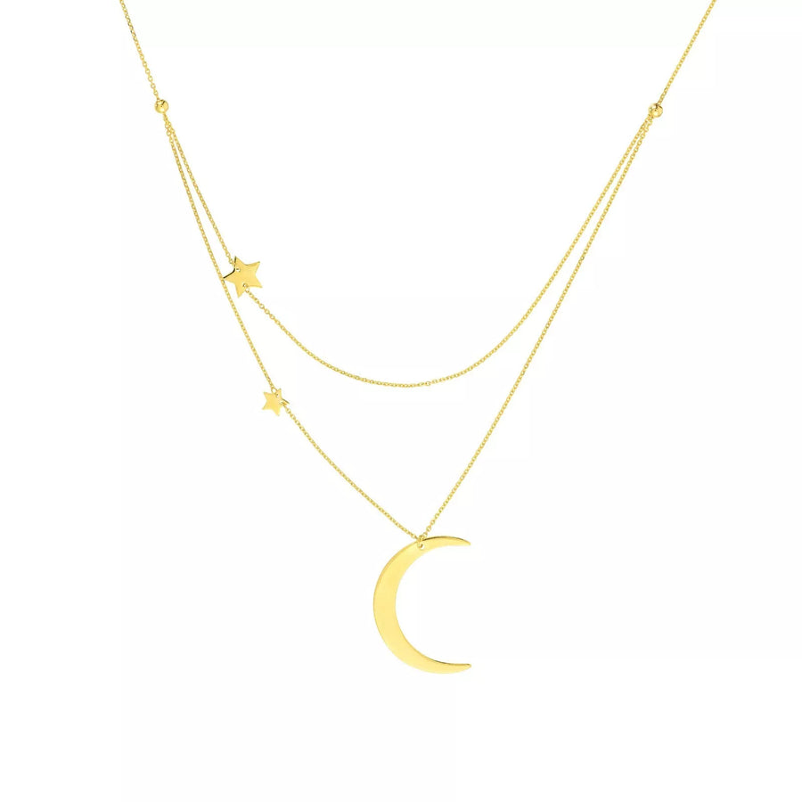 Celestial layered necklace in real 14k solid gold with crescent moon charm
