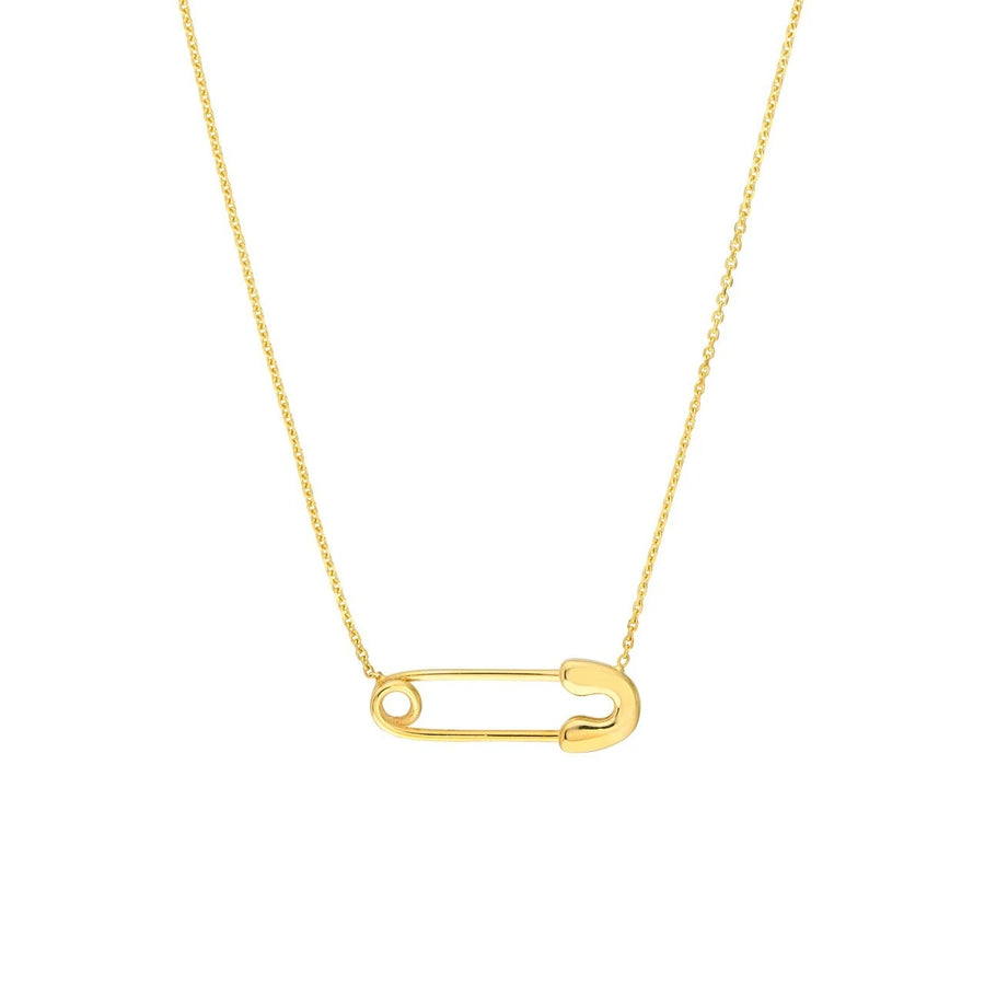  Close-up of safety pin charm on adjustable gold chain
