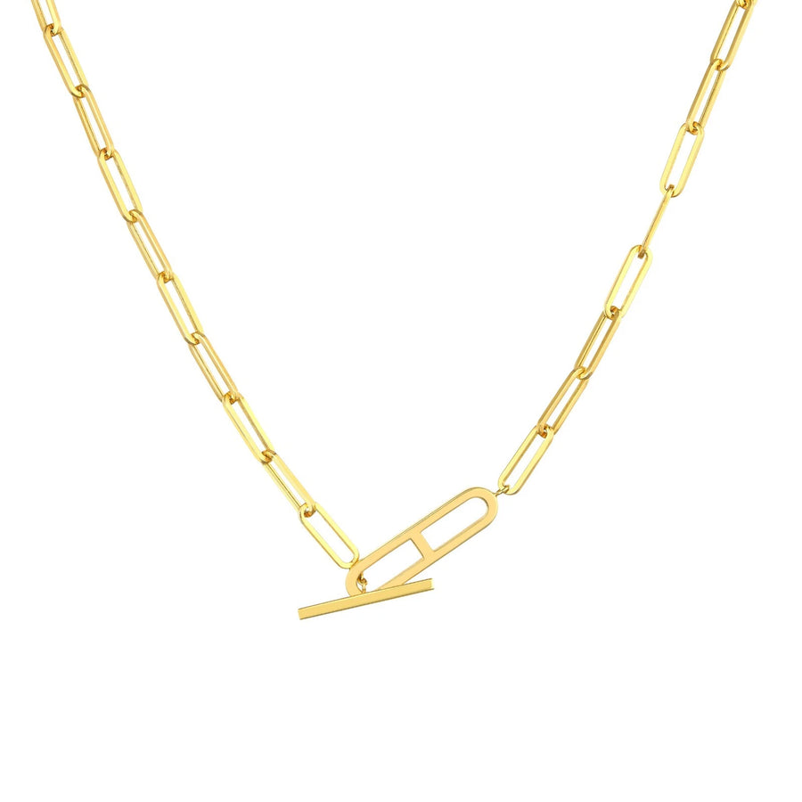 Real gold paperclip link necklace with modern toggle closure