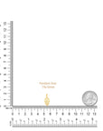 A small gold Hamsa hand pendant shown on a white background with ruler markings indicating dimensions, plus text reading 'Pendant Size: 19x10mm' and a coin for scale.