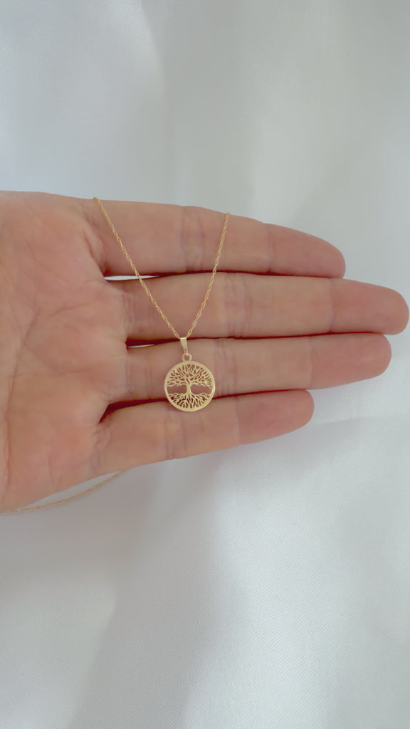Yellow gold Tree of Life pendant on a solid gold twisted rope chain
