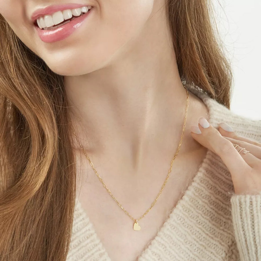 14K solid gold tiny heart charm necklace with paperclip chain