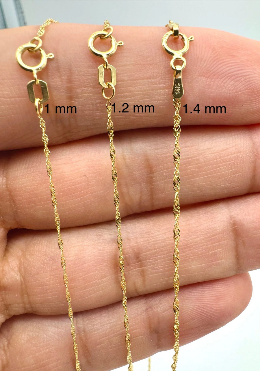 14k solid gold Singapore chain necklace 1mm 1.2mm 1.4mm