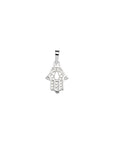 A white gold Hand of Fatima pendant charm with openwork, centered on a plain white background.