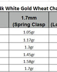 A size and weight chart for a 14k White Gold Wheat Chain necklace, showing measurements and grams for lengths ranging from 14 inches to 24 inches, with spring clasp, lobster clasp, and 2.2mm specifications.
