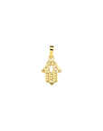 A gold Hamsa hand pendant charm with openwork, centered on a plain white background.