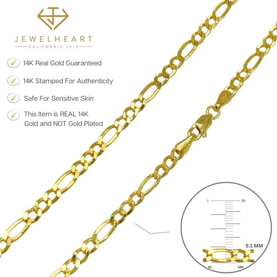 14K Real Gold Figaro Link Chain Necklace