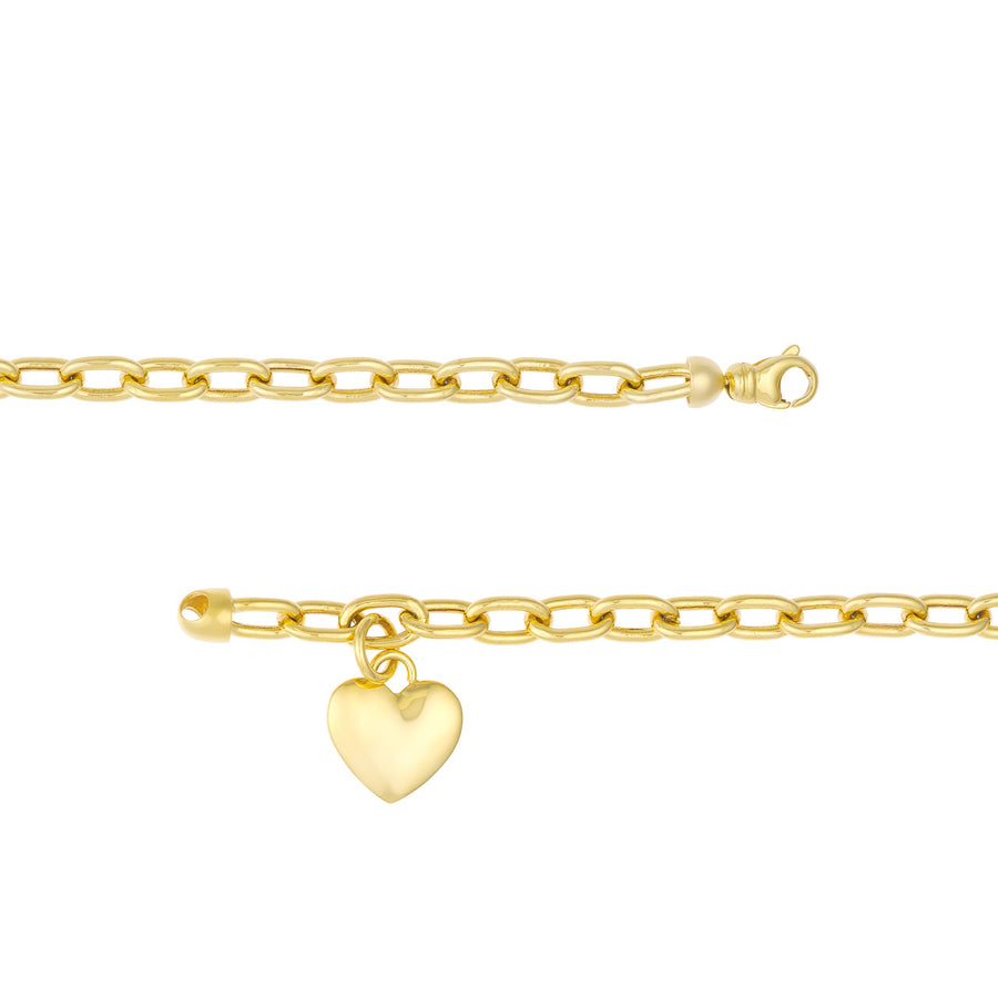 Real 14K Solid Gold Heart Charm Rolo Chain Bracelet