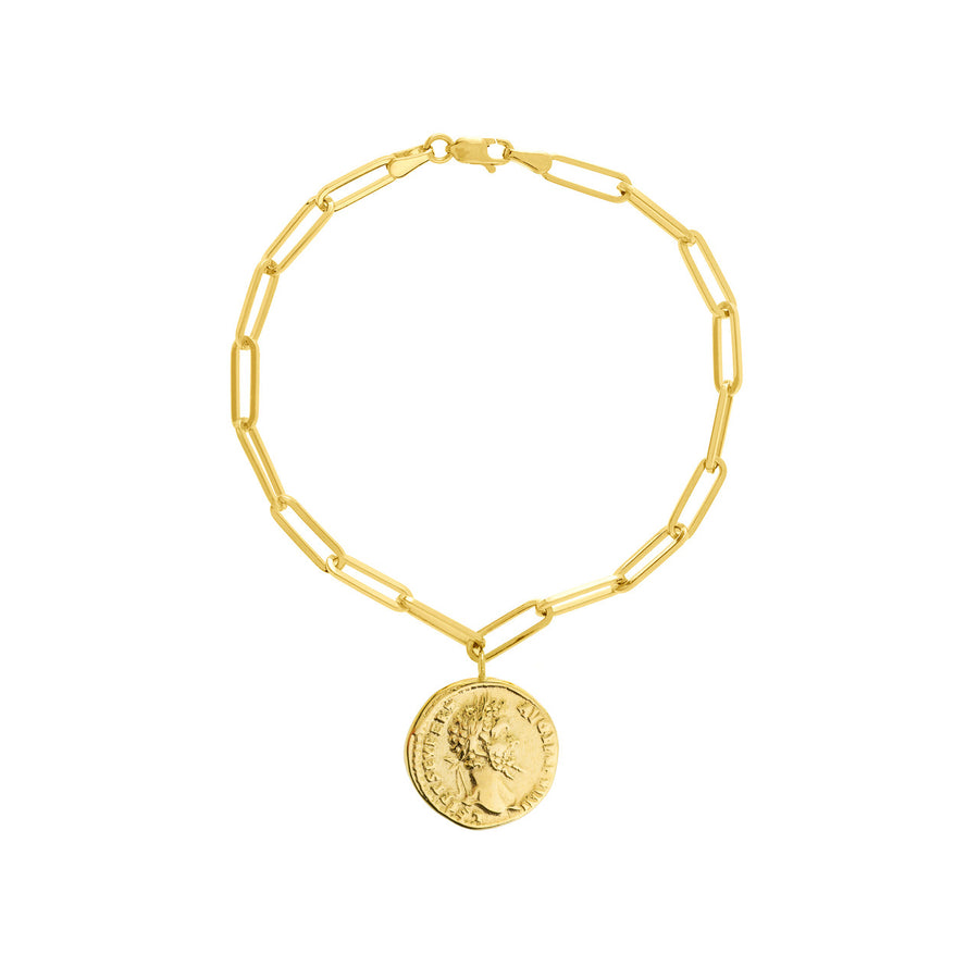 Real 14K Solid Gold Coin Charm Paperclip Chain Bracelet