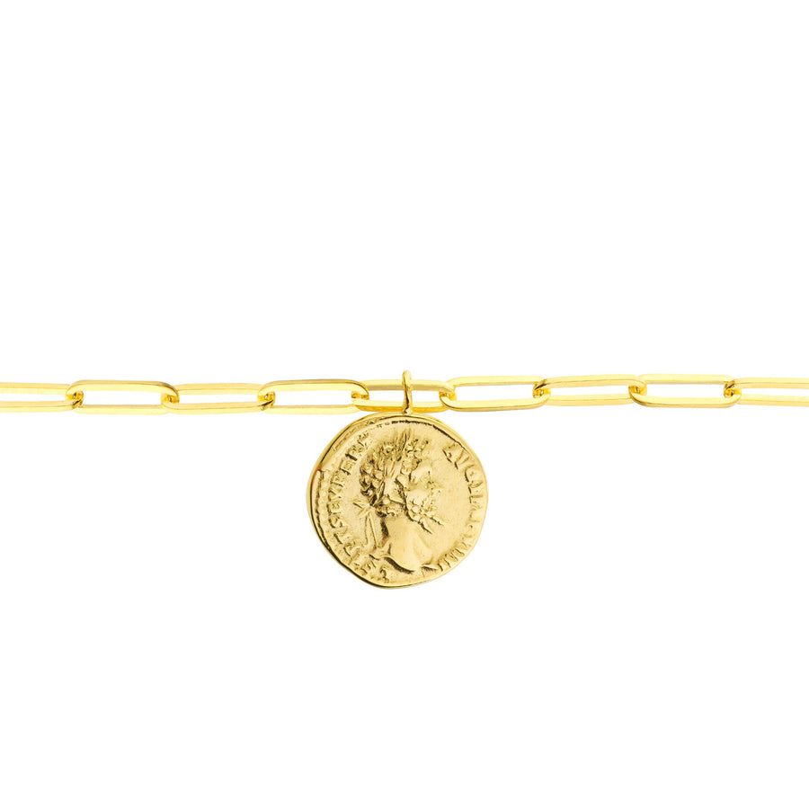 Real 14K Solid Gold Coin Charm Paperclip Chain Bracelet