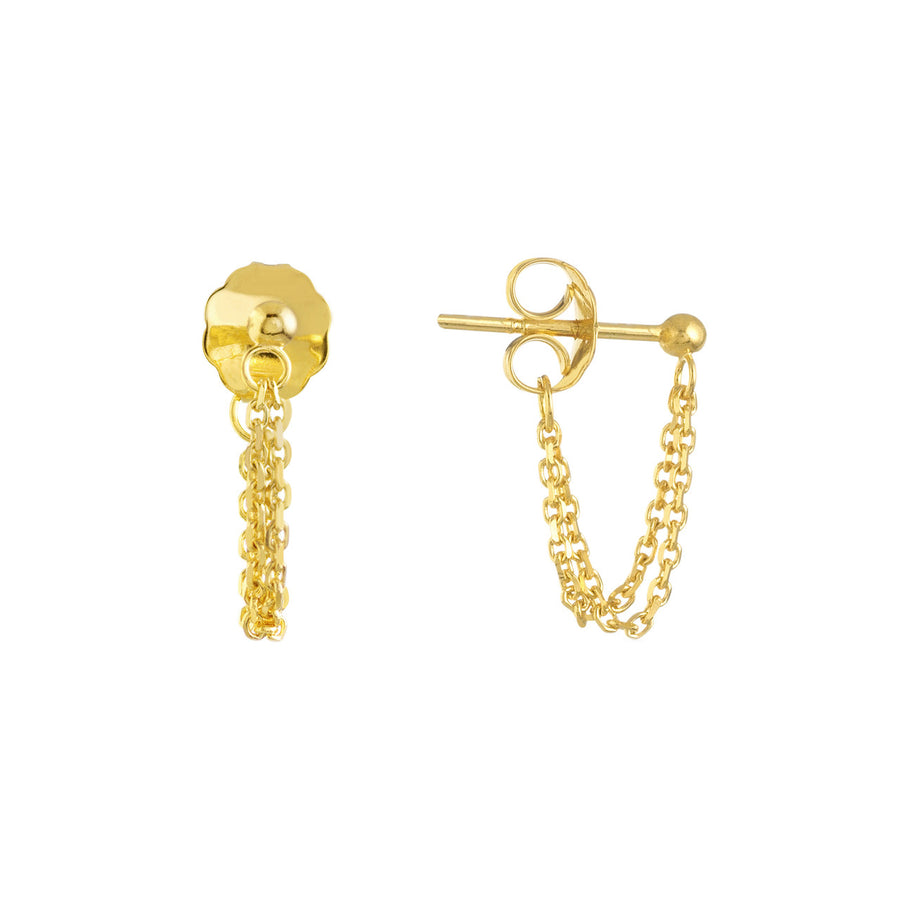 Real 14K Solid Gold Double Chain Stud Earrings