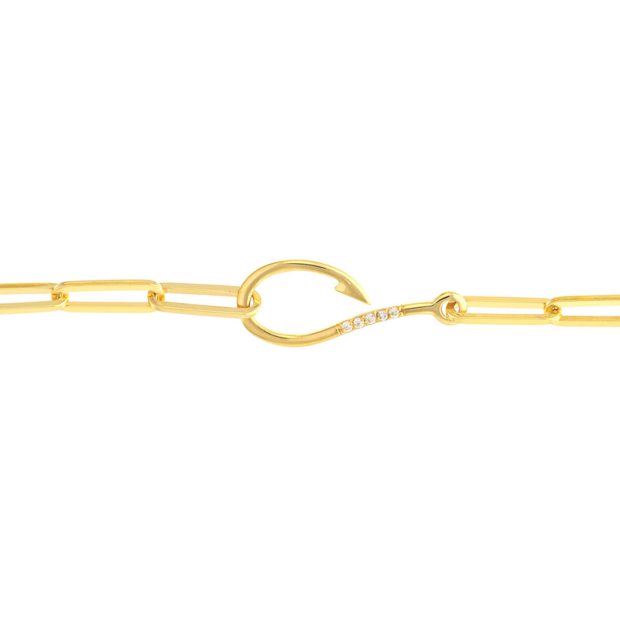 14K Real Gold Diamond Fish Hook Paperclip Chain Bracelet