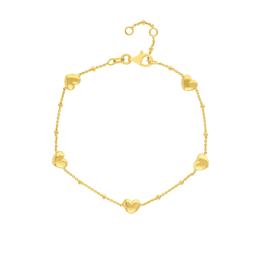 Real 14K Solid Gold Puffed Heart Charm Bracelet