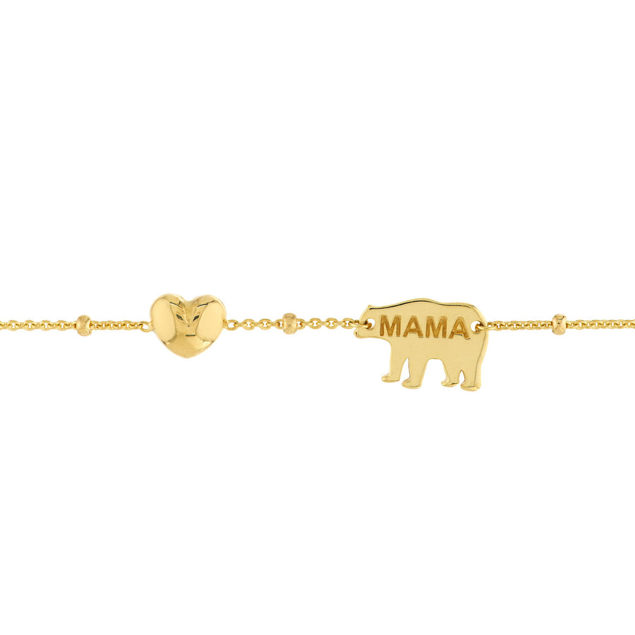 Real 14K Solid Gold Mama Bear & Puffed Heart Bracelet