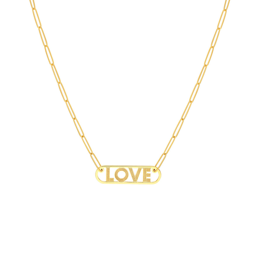 gold horizontal bar necklace with love inside