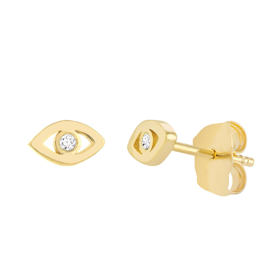Real 14K Solid Gold Diamond Evil Eye Stud Earrings