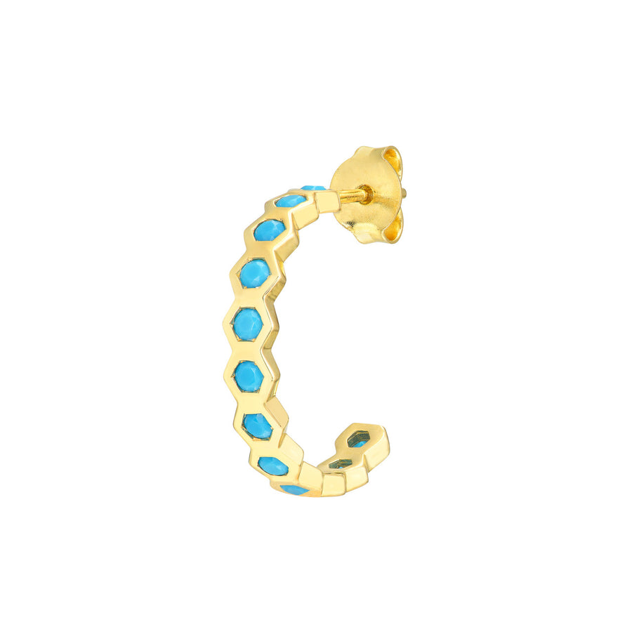 Solid 14K Real Gold Turquoise Enamel Honeycomb Hoop Earrings